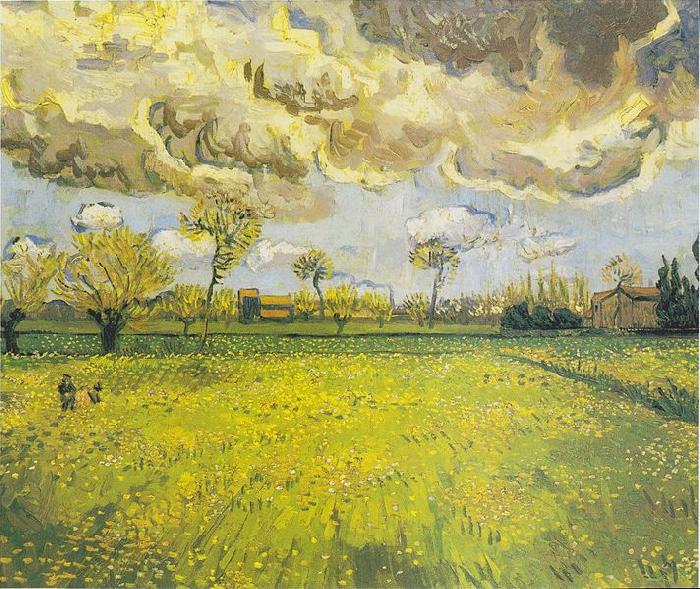 Vincent Van Gogh Meadow with flowers under a stormy sky oil painting image